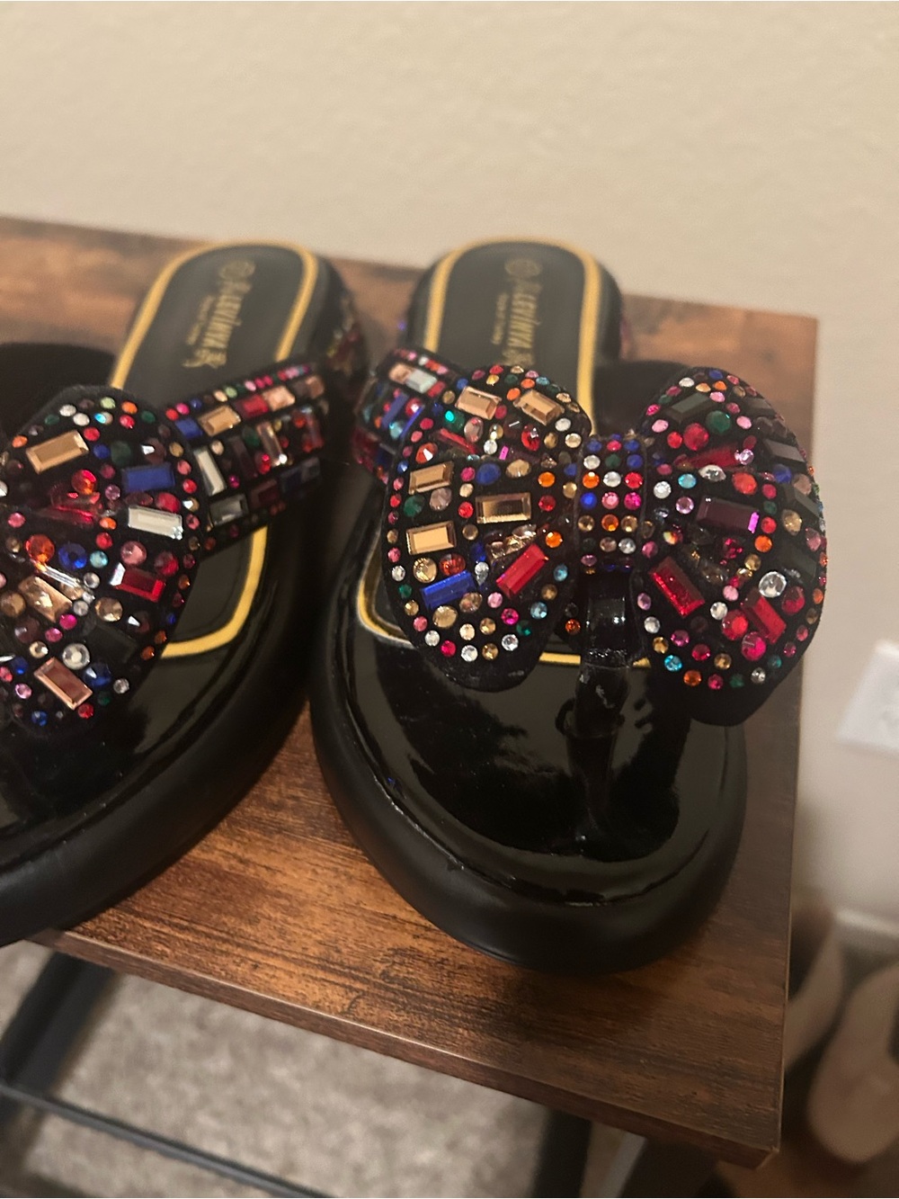 Embellished Black Bow Thong Sandals - Women